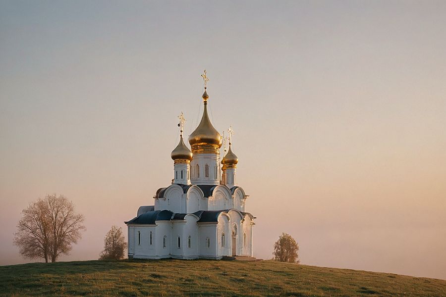 Белый православный храм с золотыми куполами на рассвете