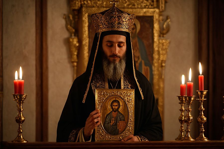 Иконостас с лампадами в полумраке храма