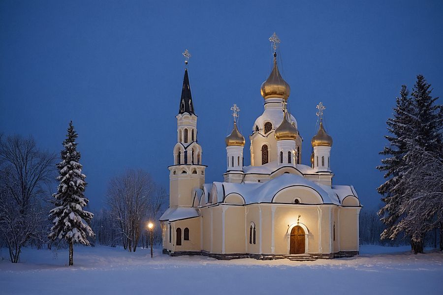 Заснеженный храм в синих сумерках